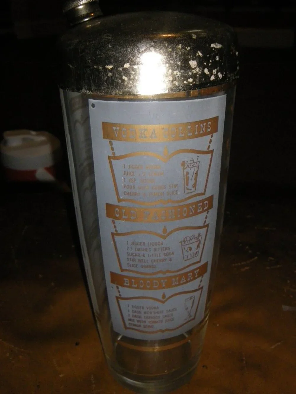 Vintage Large Classic Glass Cocktail Shaker w/ Metal Top Drink Recipe Graphics